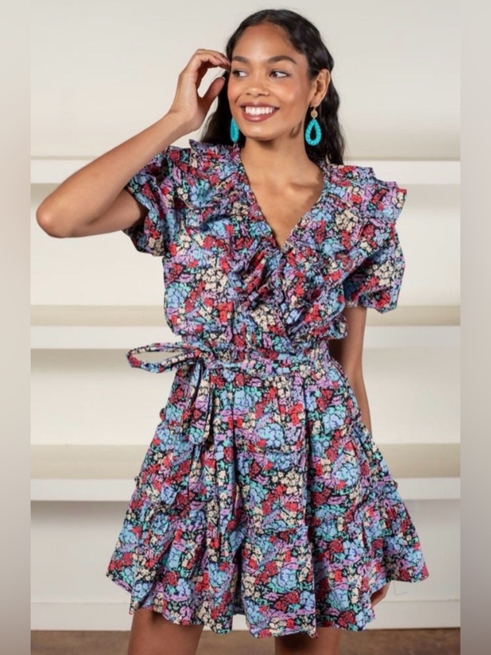 Karlie Multicolor Floral Ruffle Wrap Mini Dress